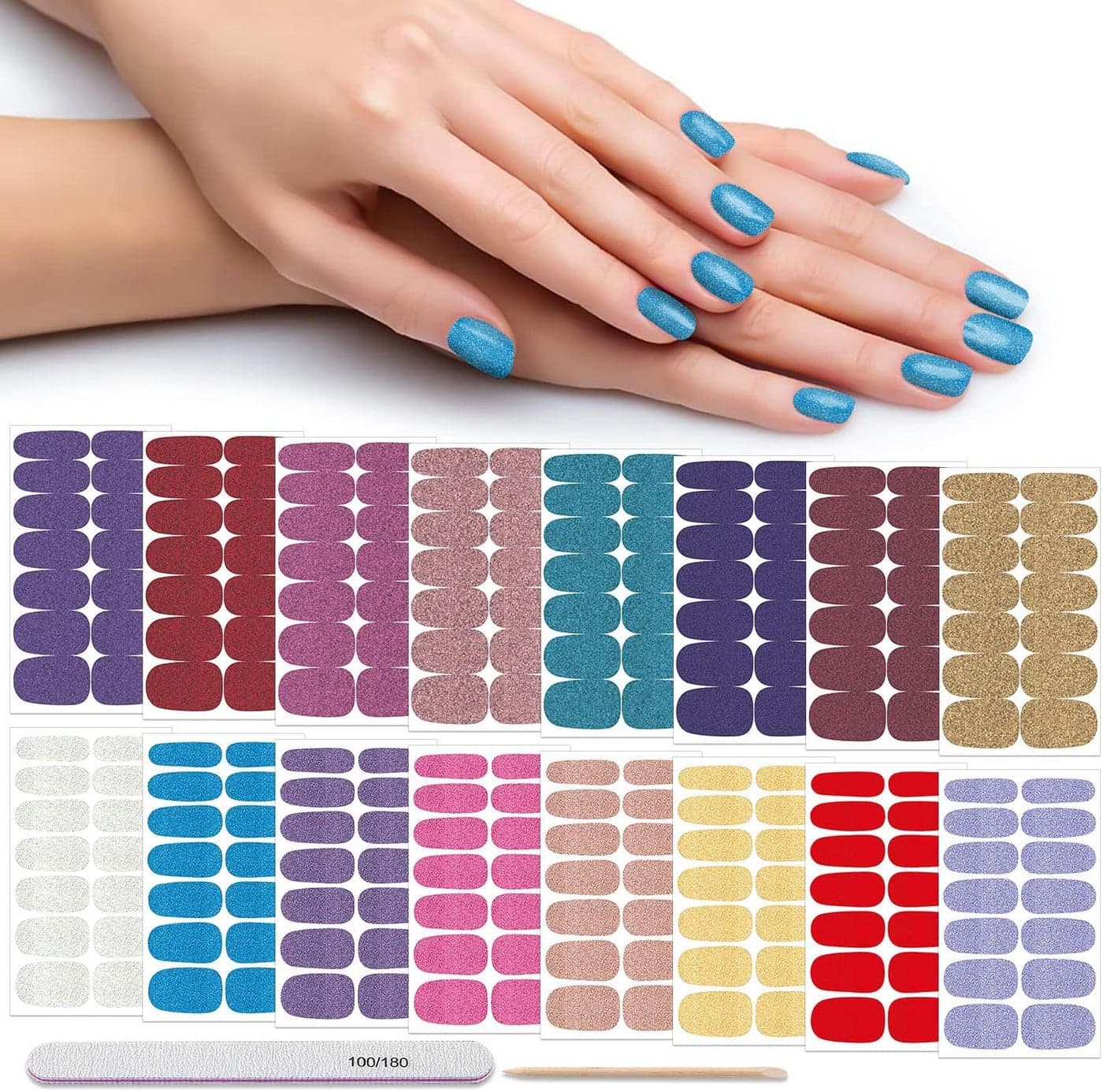 DANNEASY 16 Sheets Nail Polish Stickers Full Nail Wraps Self Adhesive Nail Polish Strips for Women Girl Nail Art Gel Nail Strips with 1pc Nail File, Cuticle Stick (Glitter Series)