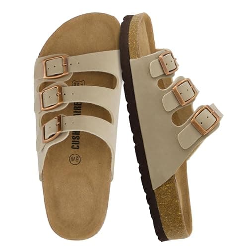 CUSHIONAIRE Lela Slip On Womens Sandals with Vegan Adjustable Straps & Genuine Suede Cork Footbed - Comfortable Memory Foam Sandals for Women 2025, STONE 7