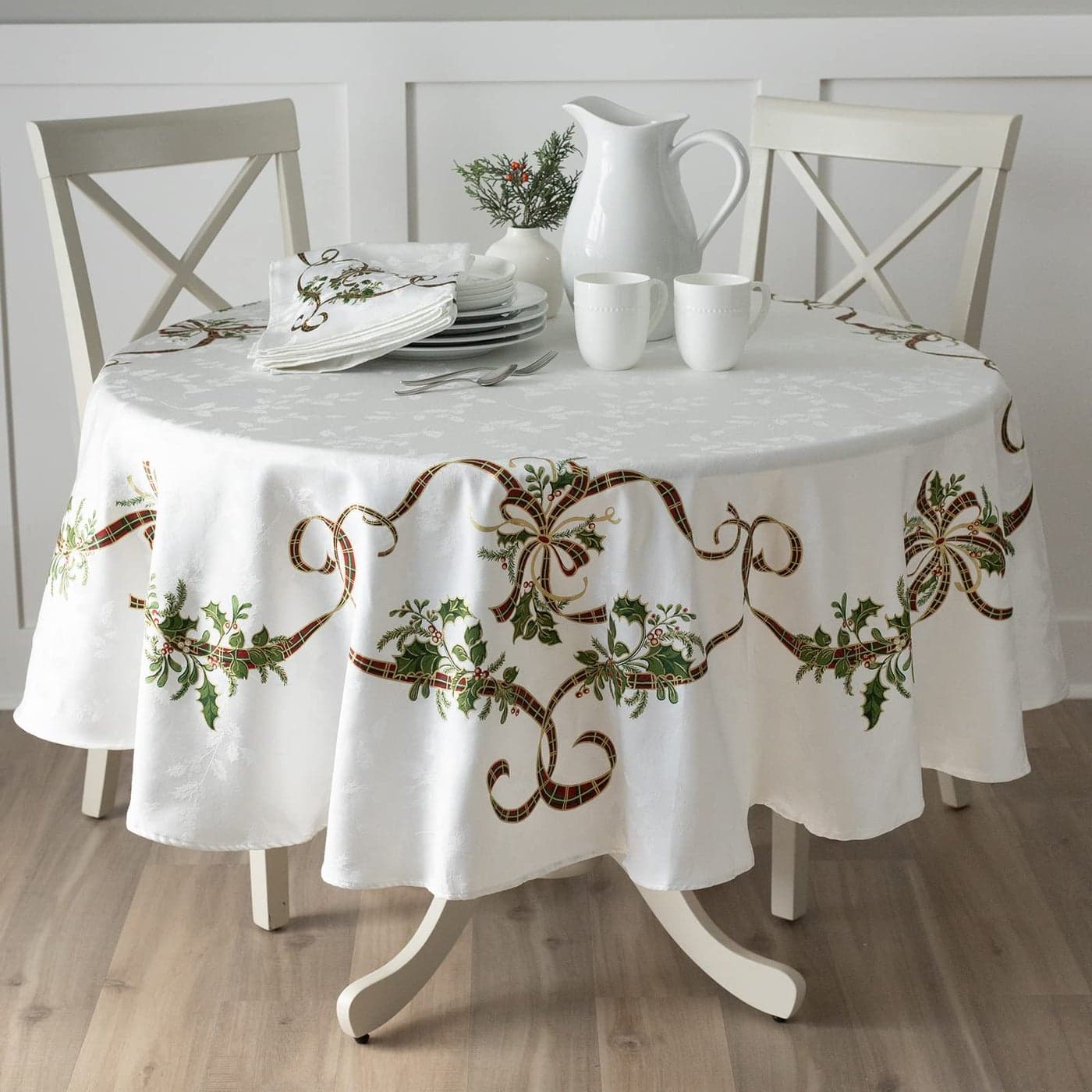Benson Mills Merry Ribbons Engineered Printed Jacquard Fabric Christmas Table Cloth for Christmas Winter and Holiday Tablecloth 70 Round Merry Ribbons
