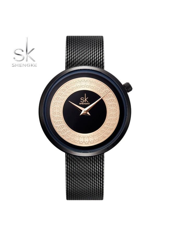 SK Shengke Women's Watch with a Simple Printed Mesh Strap and Quartz Rhinestones, 30M Waterproof, Fashionable and Versatile (Black)