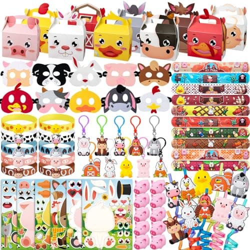 DMIGHT Farm Animals Birthday Party Favors Set 82 PCS Barnyard Animal Masks Sticker Keychains Straw Slap wristbands Rubber Pigs Gift for Kids Birthday Party Baby Shower Goodie Bag Filles Supplies