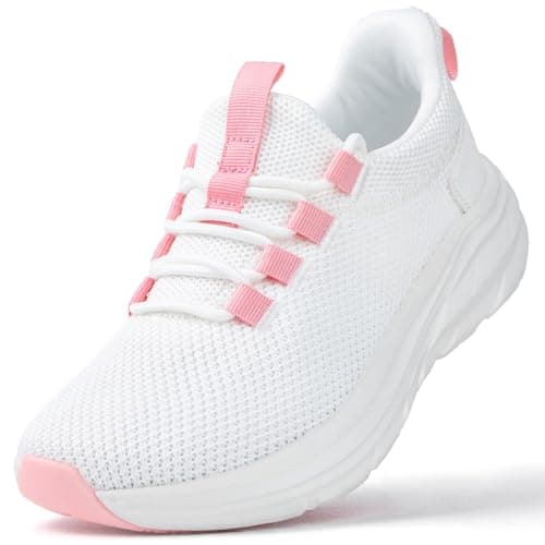 KOLILI Wide Toe Box Shoes Women Breathable Cushion Walking Sneakers for Swollen Feet,Nurse,Pregnancy,Bunion White/Pink 9.5 US/42 EU