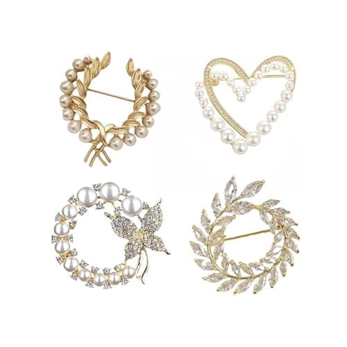 Preptep 4 Pcs Brooches and Pins for Women Crystal Pearl Brooches Vintage Heart Brooches Elegant Rhinestone Flower Brooch Pins for Women Coats Jackets Wedding Bouquet