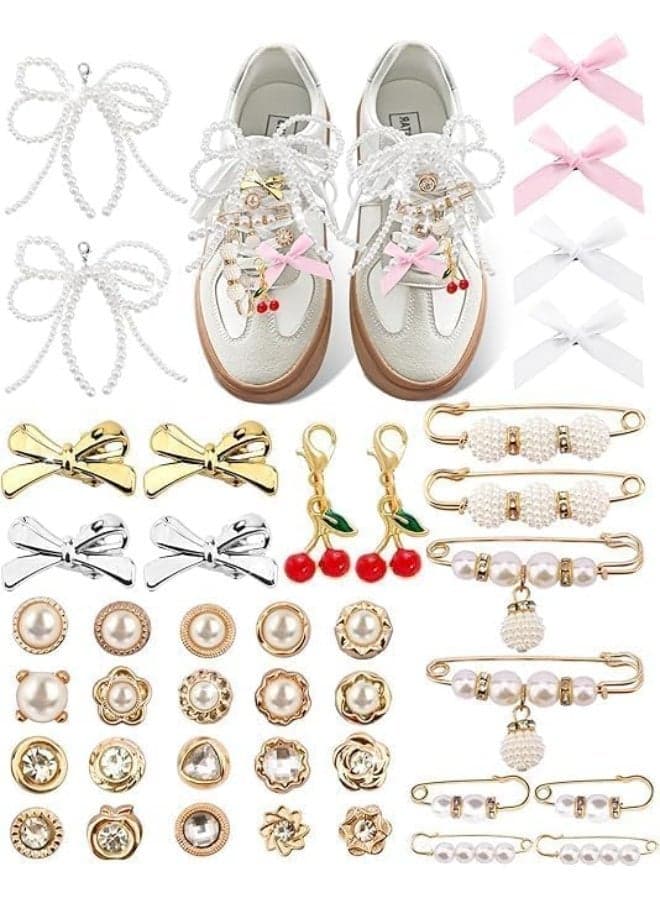 40 Pcs Shoe Charms Accessories Kit, Cute Sneaker Jewelry Set with Brooches, Pins, Clips, Bows & Pearls for Shoes, Laces, Socks, Hats, Bags - Fashion DIY Decor for Women & Teens