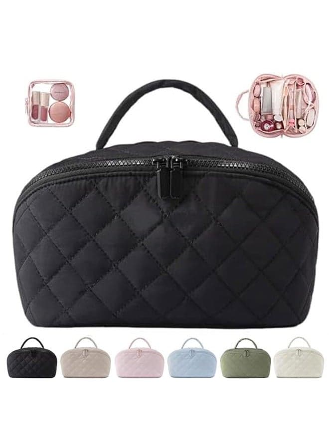 Petition Makeup Bag for Travel,Women Cosmetic Bag Quilted Puffer Large Capacity 2Pcs Toiletry Bag Spacious 180°Open Valentine's Day Gift for Toiletries & Brushes with Compartments, Pink, 9.9