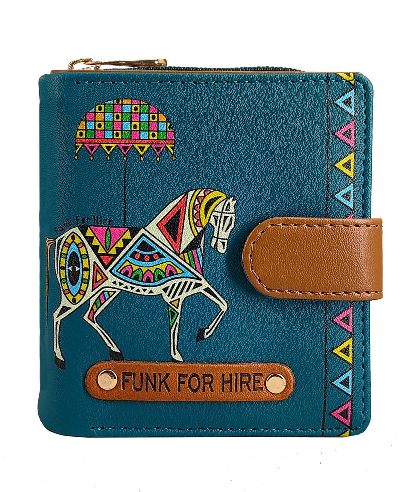 Funk For Hire Women’s Compact Wallet in Petrol Blue – Stylish Cartoon Print Leatherette Purse with Card Slots, Coin Pocket & Magnetic Closure – Handcrafted in India