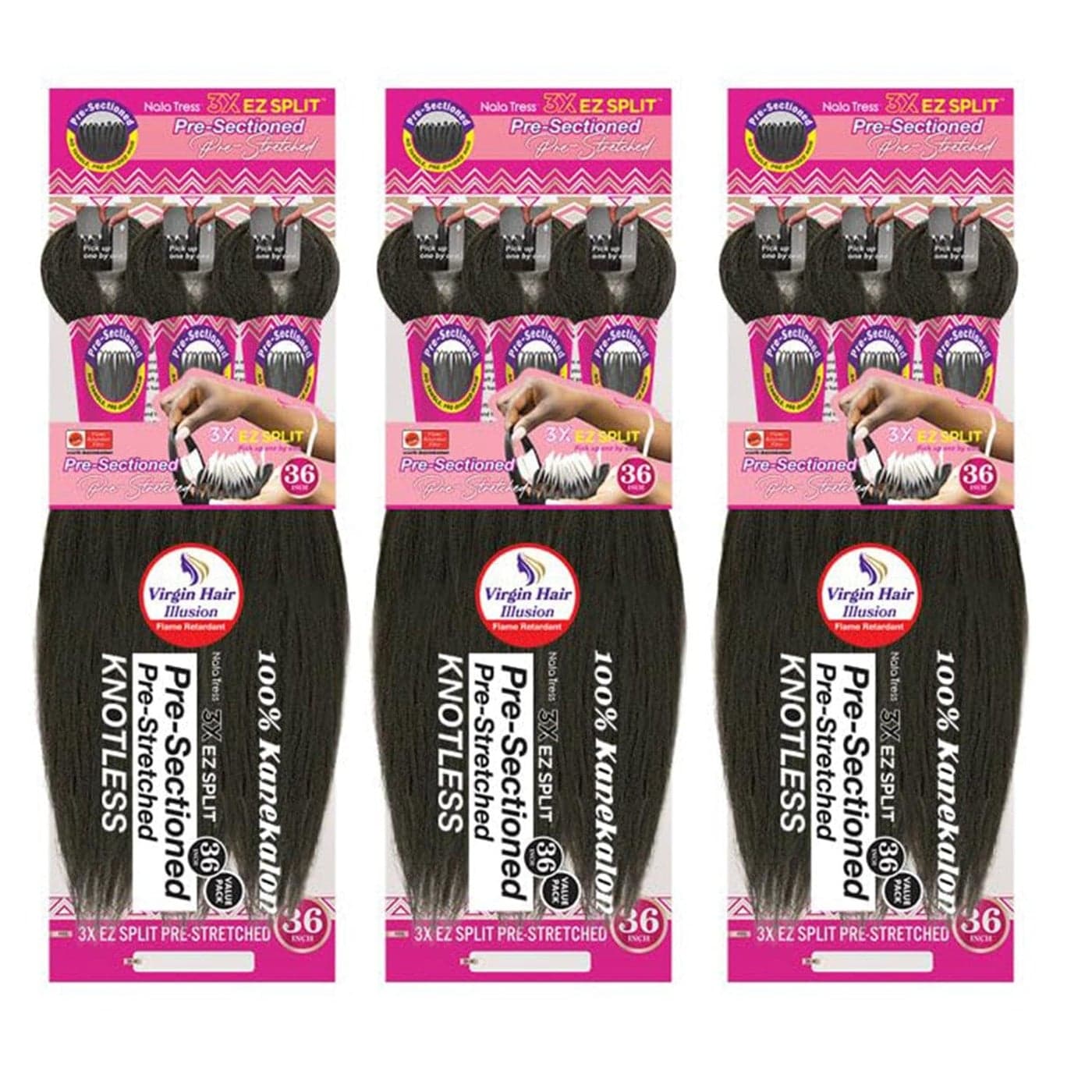 MULTIPACK DEAL 3PACK Janet Collection Nala Tress 3X EZ SPLIT PreSectioned PreStretched Braid Knotless Extremely light weight 36Inch 9Bundles 36 COLOR 1B