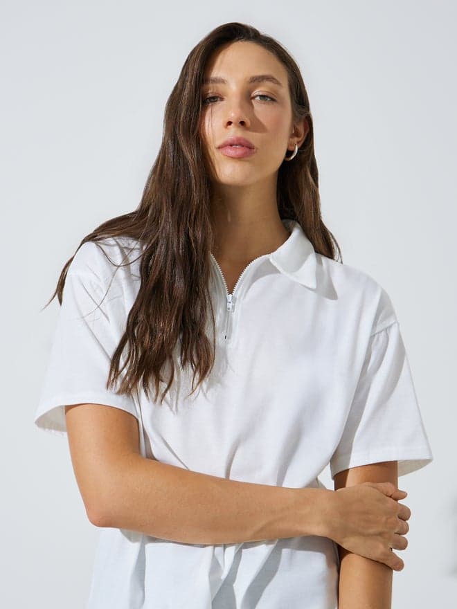 Styli White Relaxed Quarter-Zip Polo T-Shirt