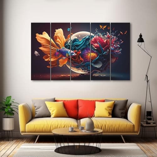 The Castle Decor Aqua fish world painting with frame 5 Big Size (27x48) Wall Art for living room,Bedroom,Drawing room,Hotels-Wooden Framed-Digital Painting