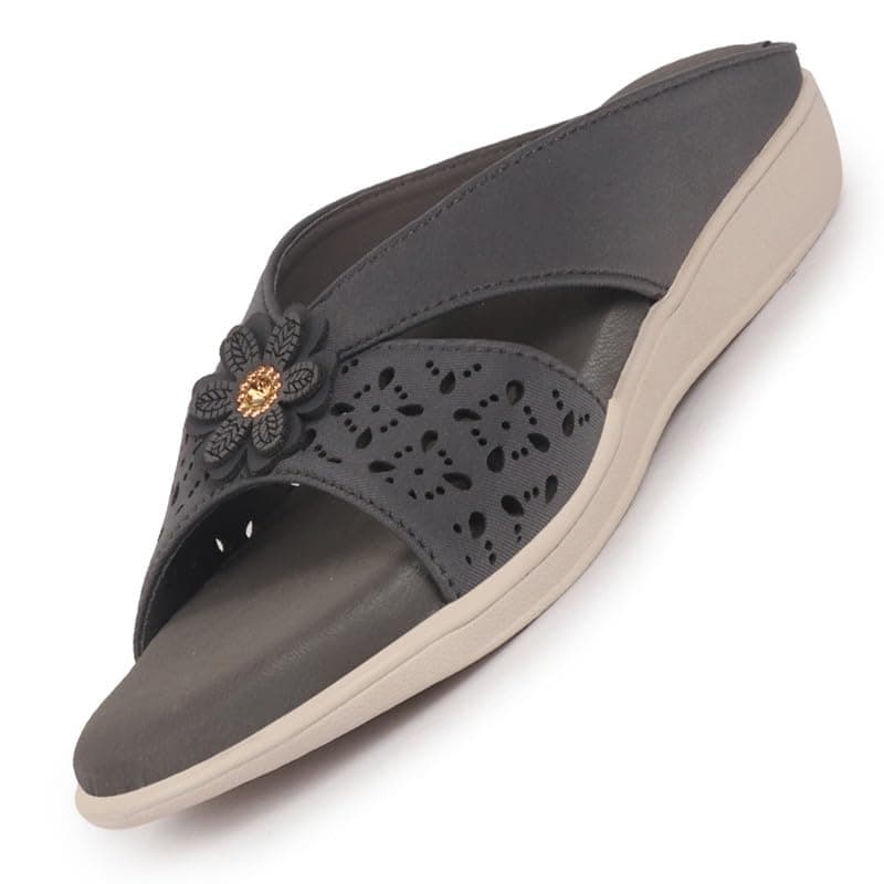 FAUSTO FST FKAWC-19003 GREY-38 Women Elegant Floral Cut-Out Slip-On Wedge Sandals | Comfort Arch Support Summer Slides For Daily Use | Casual Orthopedic Slippers (4 UK)
