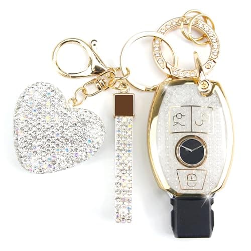 YIKECASE Key Fob Cover with Diamond Keychain Car Key Holder Compatible with Mercedes Benz C E M S CLS CLA GLK GLA GLC GLE AMG Class Protector for Women 3 Buttons WhiteHeart