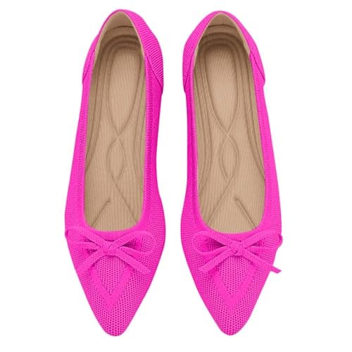 TINGRISE Womens Flats Pointed Toe Bow Knit Ballet Shoes Comfortable Dressy Mesh Slip On Flat Pink US8