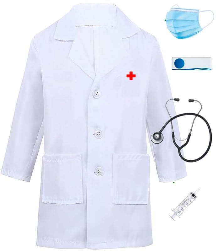YUPPIN Polyester Doctor Dress For Boys And Girls With Name Badge, Mask, Strethoscope And Syringe For Fancy Dress Competition Community Helper Costume (2-3 Years), White