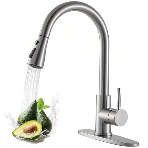 VAPSINT Kitchen Faucet, Brushed Nickel Kitchen Sink Faucet with Pull Down Sprayer, High Arc Single Handle Stainless Steel Kitchen Faucets 1 or 3 Hole for Farmhouse, RV, Laundry & Bar, VAP-KF100
