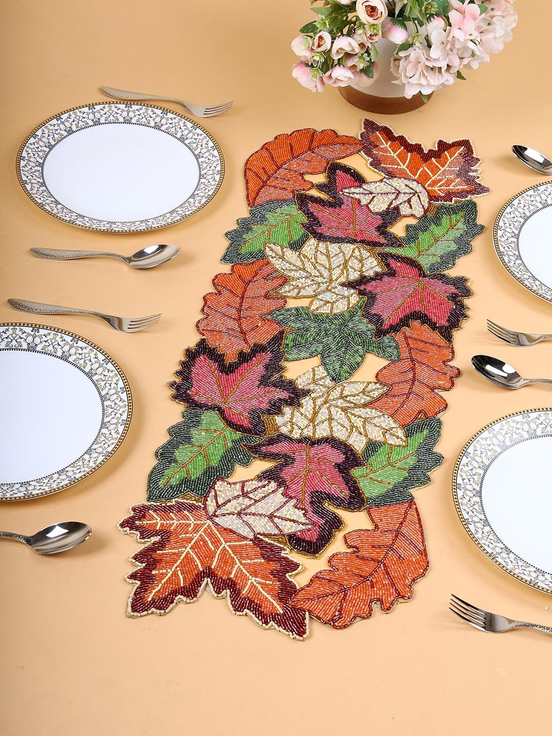 AIVIK Premium Handcrafted Beautiful Beaded Dinning Table Runner 1336 Multicolour Cutwork Desgin