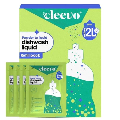 Cleevo Dishwash Liquid Gel 2L Refill Pack (4 Sachets makes 2 Litre), No Bottle |Powder to Liquid | Removes Grease & Burnt Residue | Non-Toxic, Kids & Pet Safe Dish Cleaner (Lime)