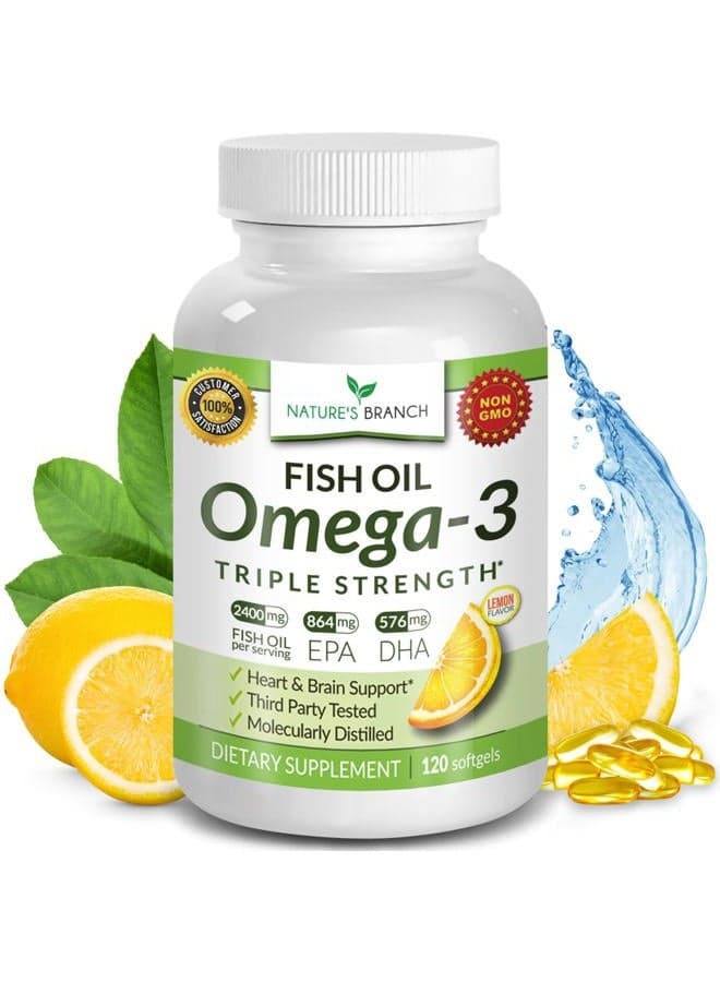 Best Triple Strength Omega 3 Fish Oil Pills 2400mg | 120 Capsules | Burpless High Potency Lemon Flavor | 864mg EPA 576mg DHA Ultra Pure Liquid Softgels | Brain Joints Eyes Hair Heart Health Supplement