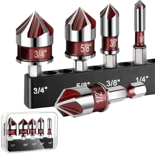 Serplex® Steel Countersink Drill Bit Set, 5Pcs, Sizes 3/4'' to 1/4'', Heavy Duty 82-Degree 5-Blade Design, Quick-Change Hex Shank, Versatile for Wood, Metal, Plastic, DIY & Professional Use