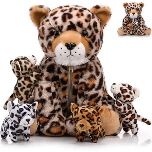 Silipull 5 Pcs Cheetah Stuffed Animals for Kids Large Mommy Cheetah Plush with 4 Baby Leopard Plush Toys in Tummy for Girls Boys Birthday Forest Party DecorsSitting Style