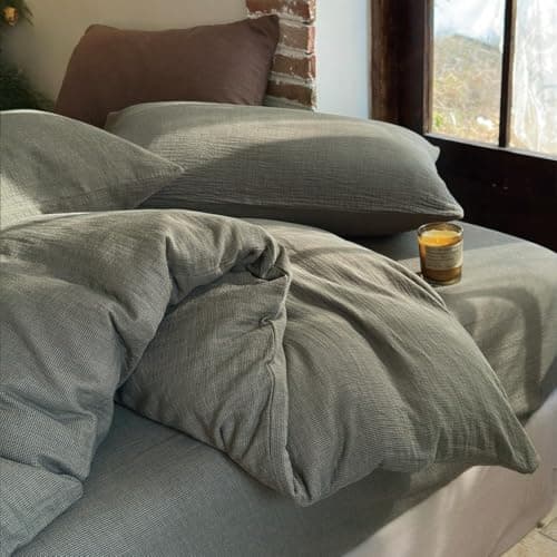 NSNLGSGC 100 Muslin Cotton Textured Duvet Cover Queen Size Linen Like 2Layer Mini Gingham Checked Lightweight and Breathable Muslin Bedding Gauze Comforter Cover Set Dark Green Checked Queen