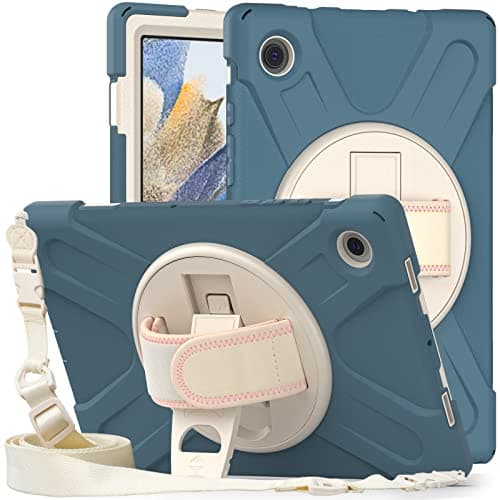 ProElite Rugged 3 Layer Armor case Cover for Samsung Galaxy Tab A8 10.5" SM-X200/ SM-X205/ SM-X207 with Hand Grip and Rotating Kickstand with Shoulder Strap, Cornflower Blue