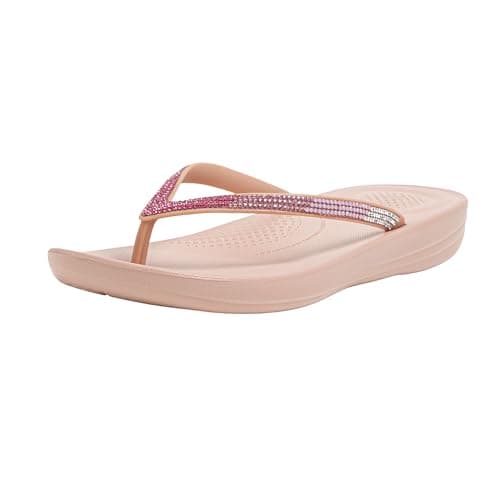 FitFlop Women's iQushion Ombre Sparkle Flip-Flips with Micro Crystals, Lightweight Ergonomic Flip Flop Sandals with Arch Support and Contoured Footbed for Walking, Beige, 5 US Women
