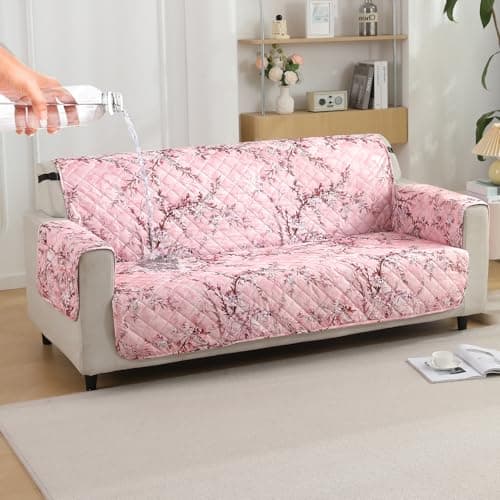 HOKIPO Polyester Quilted Printed Waterproof Sofa Cover Mat For 3 Seater Sofa With Pockets On Armrest Cover - Blossom Flower Pink (AR-5228-P5)