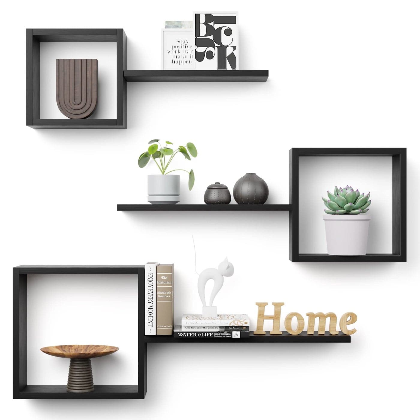 Wooden Square Floating Shelves Wall Mount Set of 6 Cube Shelves Geometric Wall Decor for Bedroom Living Room Bathroom Kitchen Office Black