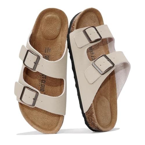 Project Cloud Genuine Leather Flat Sandals Women 2025 Beach Essentials Womens Sandals Memory Foam Vacation Essentials Slides for Women Footwear (Venita, Beige, 5.5)