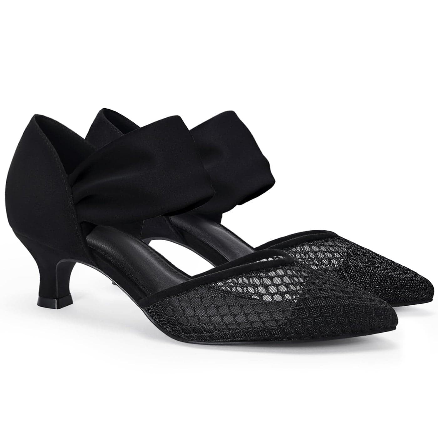 Coutgo Womens Low Kitten Heel Dress Shoes Pointed Toe Slip on Ankle Strap Cutout Elegant Party Wedding Pumps Mesh Black Size 55