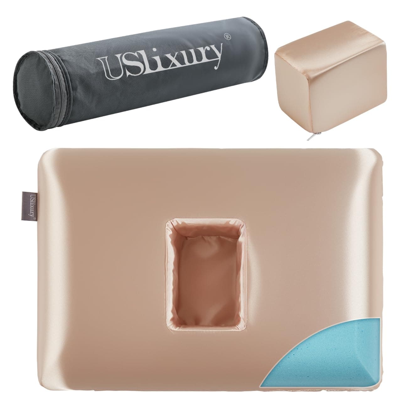 USlixury Piercing Pillow Ear Piercing Pillow with Foam Plug 4H Mini Donut Plilow with 47x32 Off Center Ear Hole CertiPURUS Memory Foam Hole Plilow for Side Sleeper Satin Cover Champagne