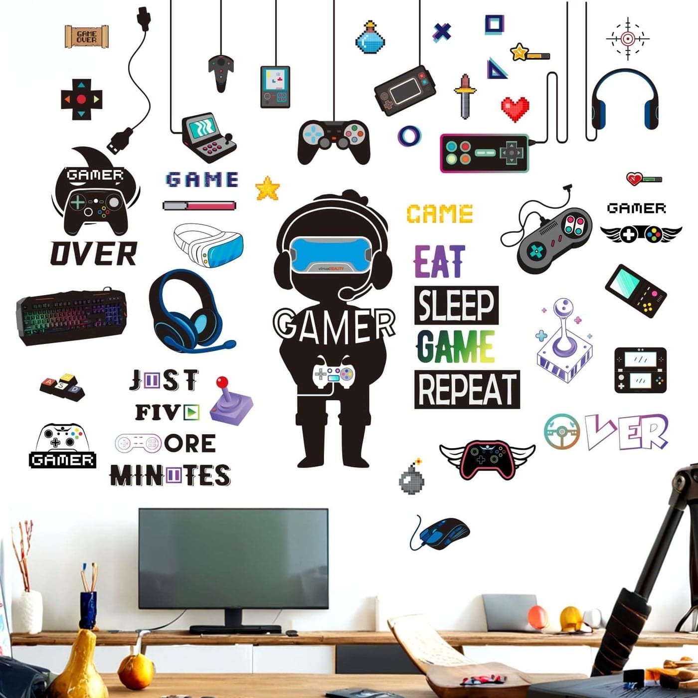 Amimagen Gamer Wall Stickers Controller Eat Sleep Games Joystick Video Gaming Wall Decals Boys Bedroom Playroom Baby Kids Room Wall Decor