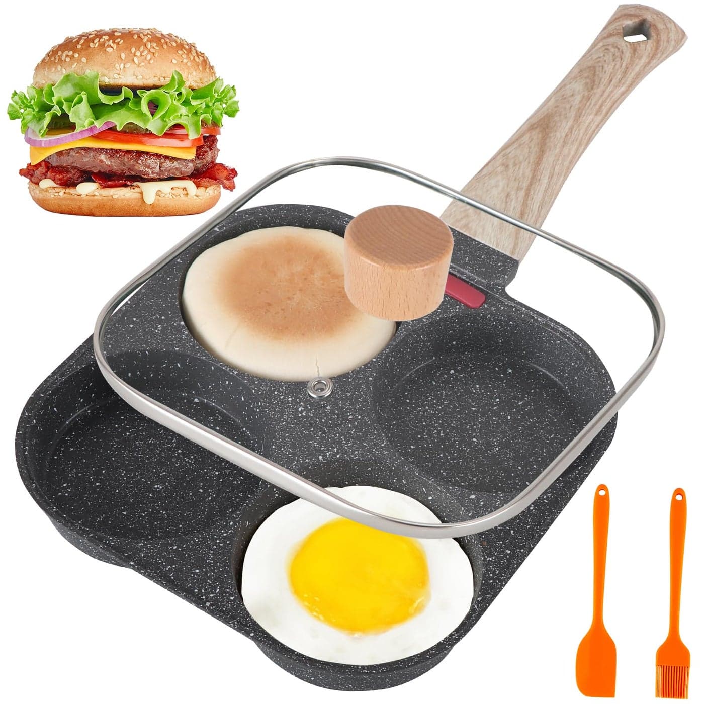 AHFLRTO 4 Cup Egg Pans Nonstick Aluminum Omelette Pan with Lid Healthy Egg Skillet for Eggs Pancakes Crepes Sandwiches Compatible with Gas Stove Induction Cooktop