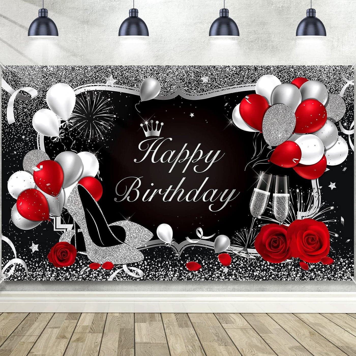 Irenare Red Birthday Decorations for Men Women Rose Happy Birthday Backdrop Banner Party Supplies Flowers Glitter Balloon High Heels Champagne Photography Background 6 x 36 ft
