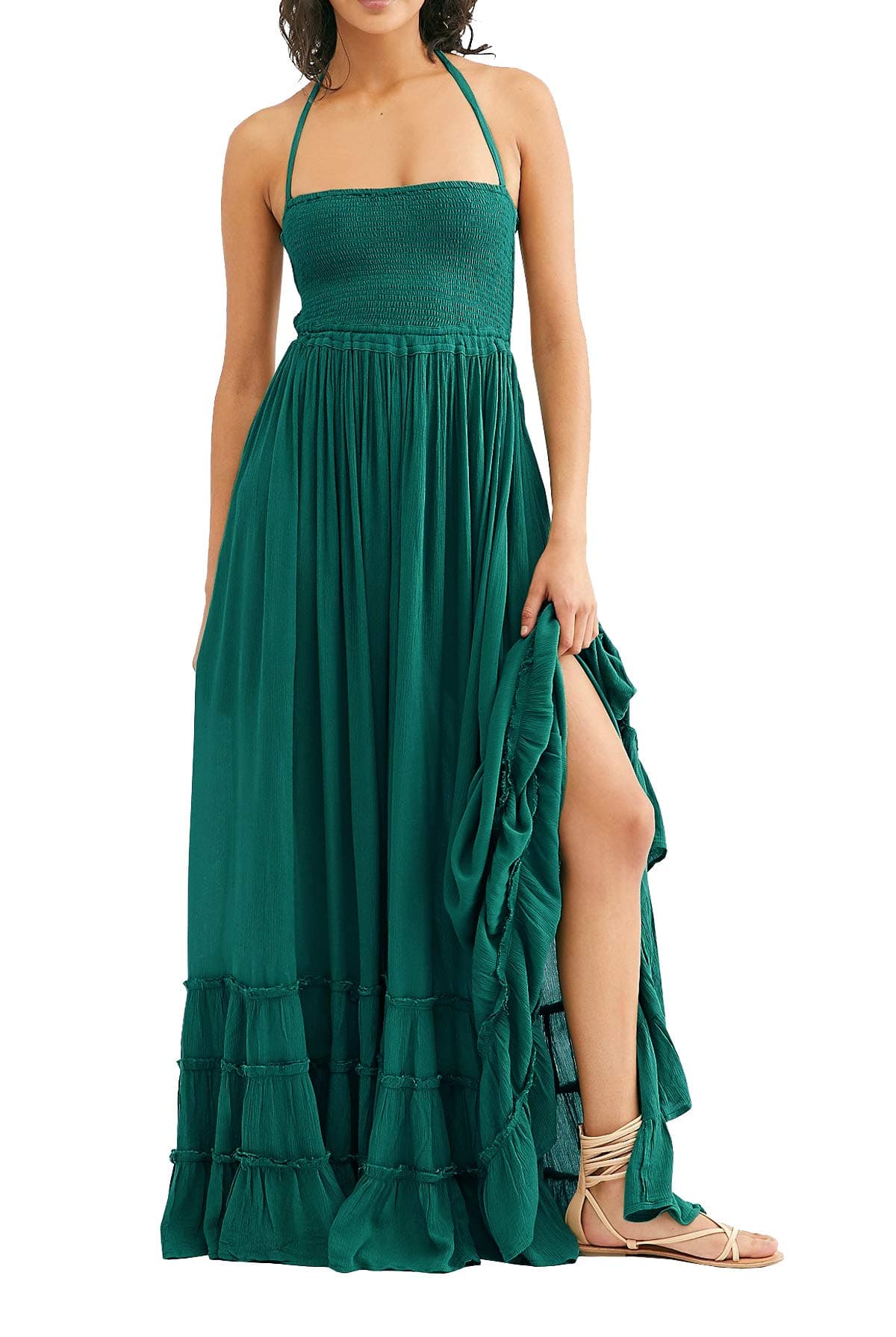 R.Vivimos Womens Summer Boho Sexy Backless Long Dresses (Small, Green)