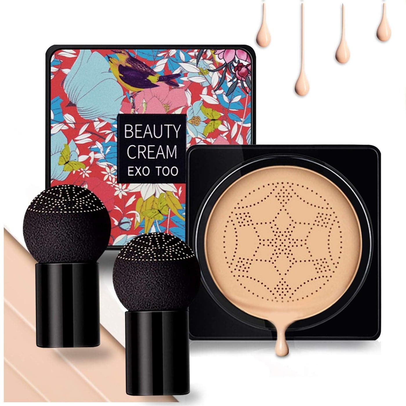 NUIBO Air Cushion CC Cream Mushroom Head Moisturizing Concealer Makeup Base Primer Liquid Foundation Long Lasting with Two Mushroom Makeup Sponges NaturalScrew lid