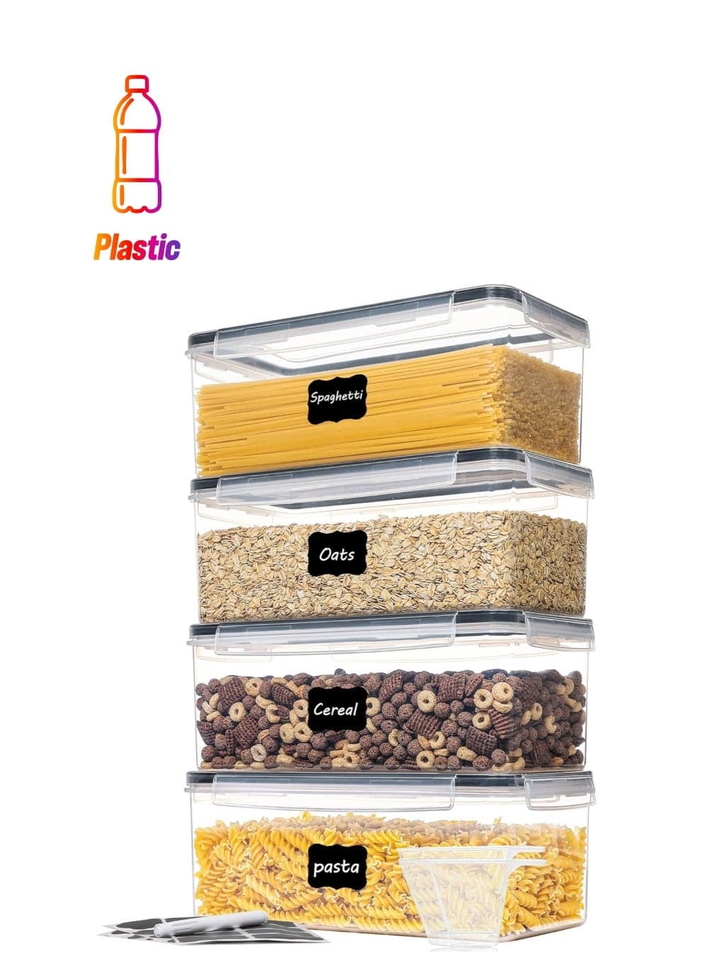 4PCS Airtight Food Storage Containers with Lids, Pasta organizer with Measuring Cups and Label, BPA Free Air Tight House Kitchen Pantry Organization and Storage (3.2L)