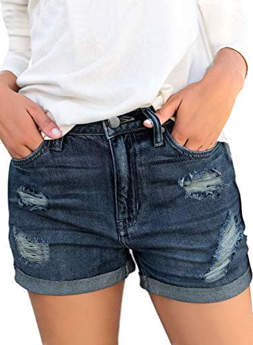 luvamia Women's Casual Stretchy High Waisted Cuffed Hem Denim Jean Shorts Charleston Boom Blue Size X-Large
