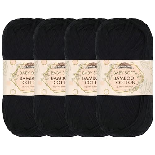 JubileeYarn Baby Soft Bamboo Cotton Yarn - 50g/Skein - Midnight Black - 4 Skeins