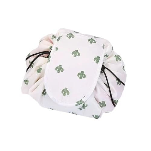 Crownish Women's Convenient and Waterproof Multifunction Portable Lazy Travel Cosmetic Storage Makeup Organizer Toiletry Bag with Drawstrings (White Cactus Lazy Bag)
