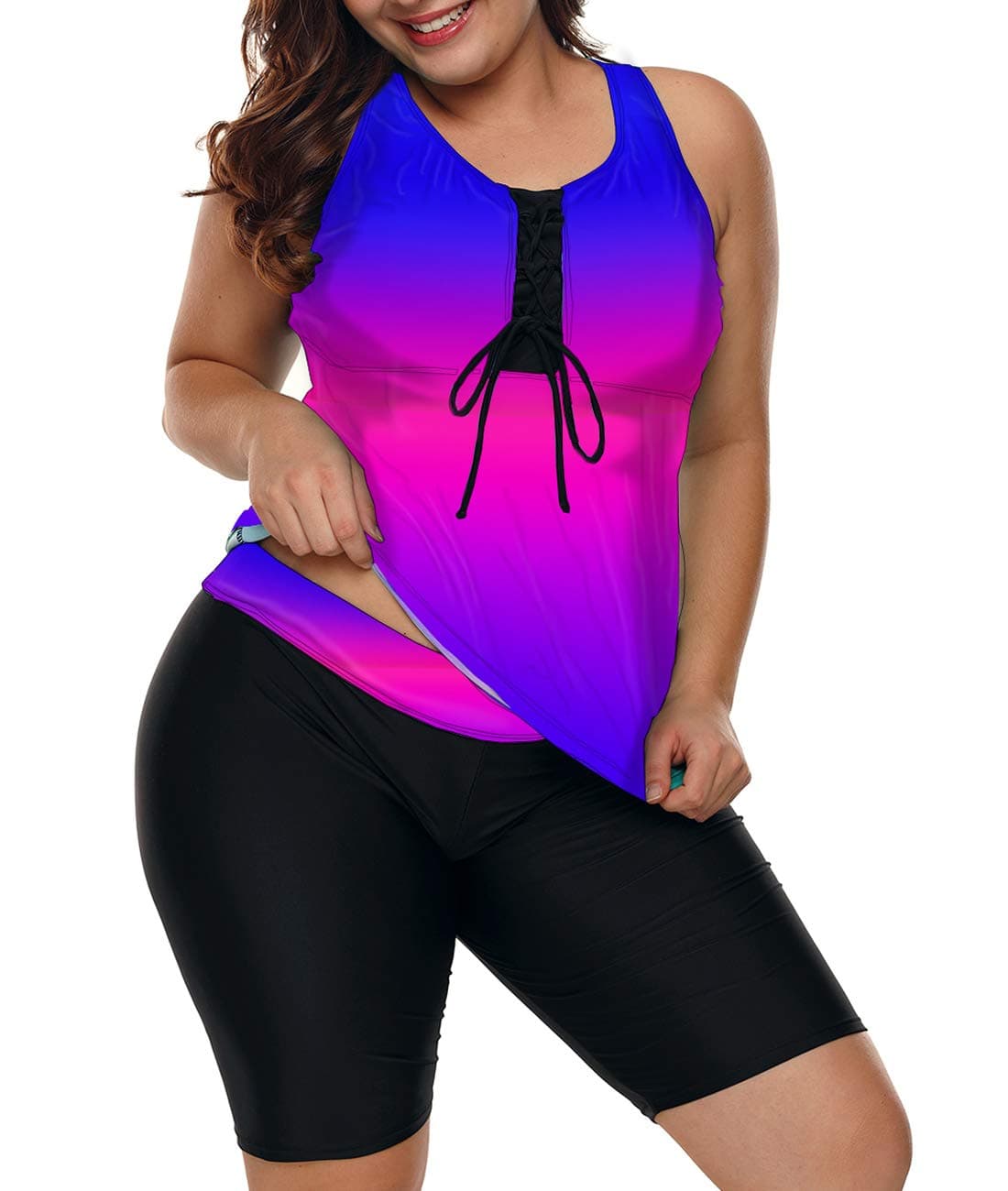 LALAGEN Womens 2025 Plus Size Tankini Swimsuits Rash Guard Capris Athletic Two Piece Swimwear Bathing Suits Blue Purple XXXL