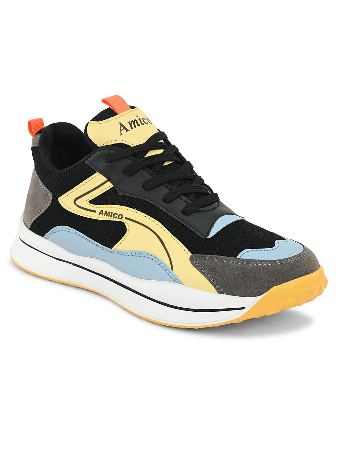 Amico Men Sports Running Shoes Size 6 | Black Yellow Lightweight Shoes | Comfortable Walking Gym Shoes | Stylish Sports Shoes for Men Active Footwear