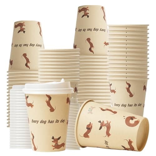 12 OZ 25 Pack Disposable Cups Paper Coffee Cups with Lids, Disposable Paper Cups for Cold/Hot Drinks, Eco-friendly Leak-Proof To Go Drinking Cups for Office Party Home Picnic & Travel (Dachshund Dog)