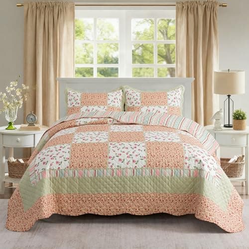 NEWLAKE Quilt Set King Size, Bedspread Sets Warm Orange Floral, Reversible Quilt Bedding Set Lightweight and Breathable for All Seasons, Soft Quilted Bedspread with 2 Pillow Shams