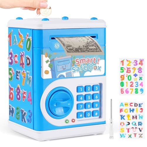 Piggy Bank for Kids Electronic Mini ATM Bank with Password for Boys Girls Money Saving Box with Auto Grab Bill Slot Cash Coin Can Money Safe Toy Birthday for Age 312 Blue