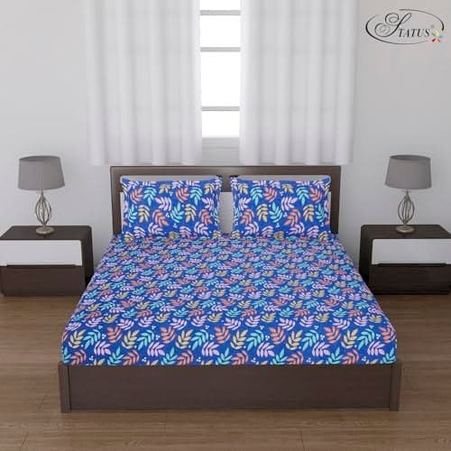 Status Contract -Cotton Rich Double Bedsheet with 2 Pillow Covers for Bed Room, Home, Hotel-120 GSM (Blue Leaves)