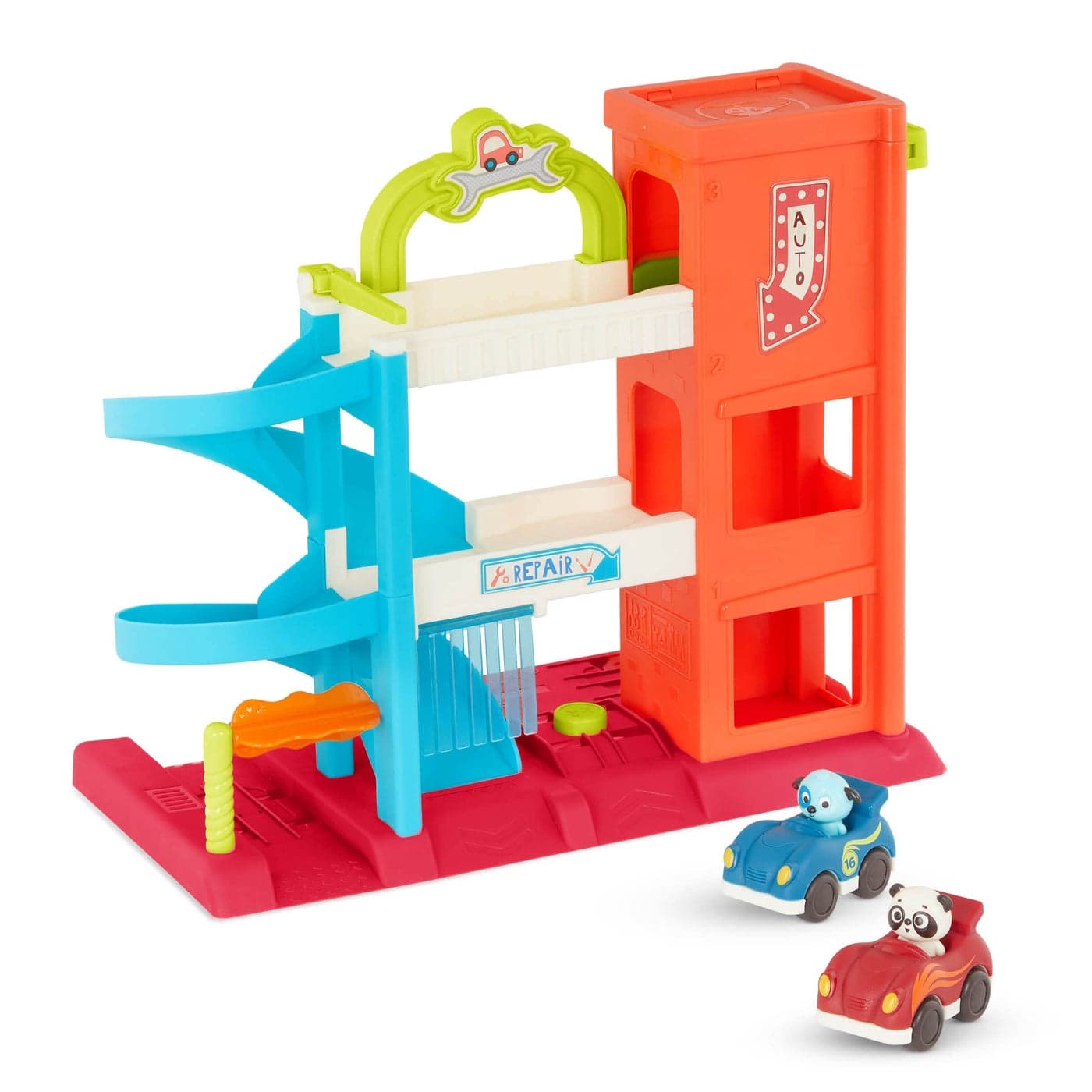 B. toys– Bingo’s Garage- Vehicle Playset Car Garage with Spiral Ramp - Working Elevator with 2 Toy Cars- 3 floor playset- 18 months +