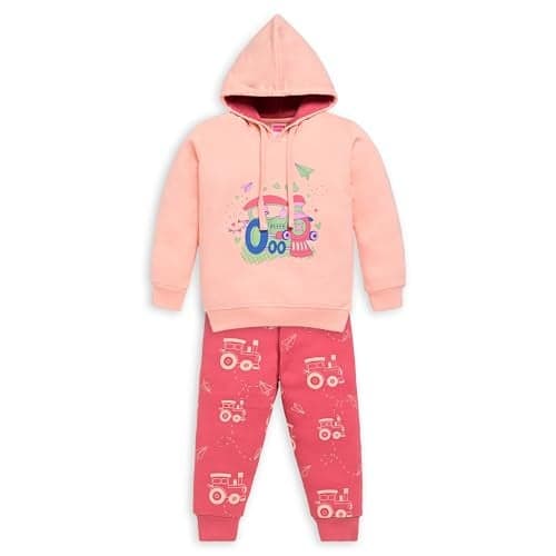 LuvLap Baby Boys Full Sleeve Hooded Sweatshirt & Pyjama Set Pack Of 1, Cotton Rich Fleece, Peach, XXL (18 to 24 Months)