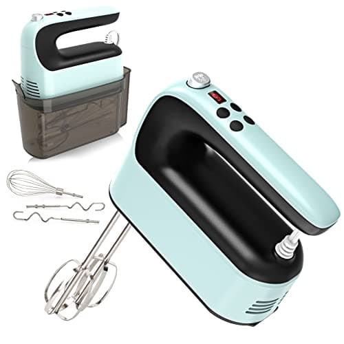 Yomelo 9Speed Digital Hand Mixer Electric 400W Powerful DC Motor Baking Mixer Handheld with SnapOn Storage Case Touch Button Turbo Boost Dough Hooks Whisk Ice Blue