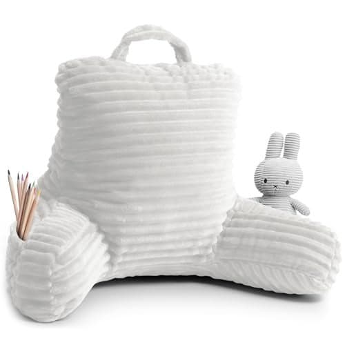Clara Clark Reading Pillow for Kids – Back Pillow for Sitting in Bed, Plush Bed Pillows for Sitting Up in Bed, White Kids Reading Pillow, Shredded Foam Bed Chair Pillow with Arms and Pockets